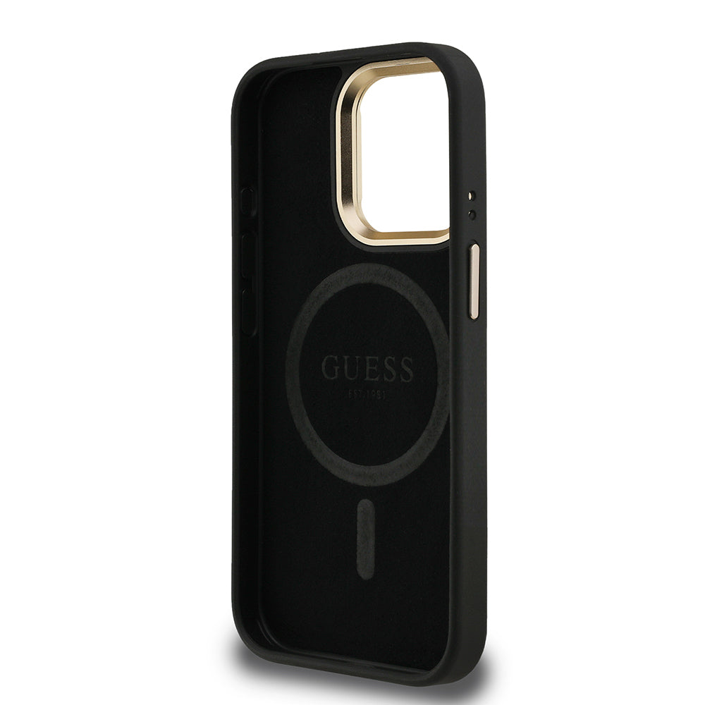 Guess iPhone 15 Pro Max Orjinal Lisanslı PU Deri Taşlı Üçgen Logo 4G Desenli Kamera Standlı Magsafe Telefon Kılıfı