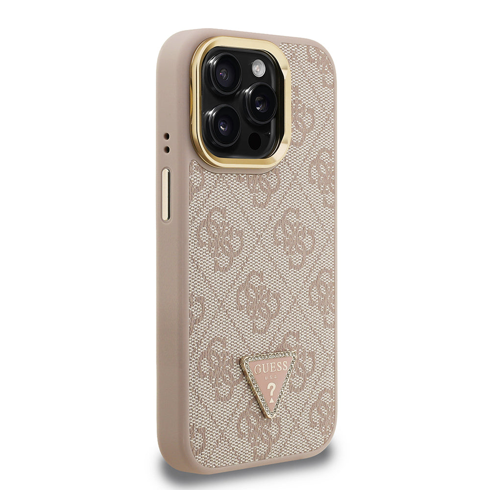 Guess iPhone 15 Pro Max Orjinal Lisanslı PU Deri Taşlı Üçgen Logo 4G Desenli Kamera Standlı Magsafe Telefon Kılıfı