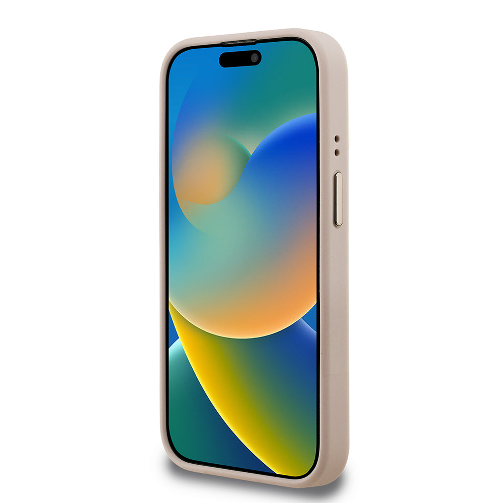 Guess iPhone 15 Pro Max Orjinal Lisanslı PU Deri Taşlı Üçgen Logo 4G Desenli Kamera Standlı Magsafe Telefon Kılıfı