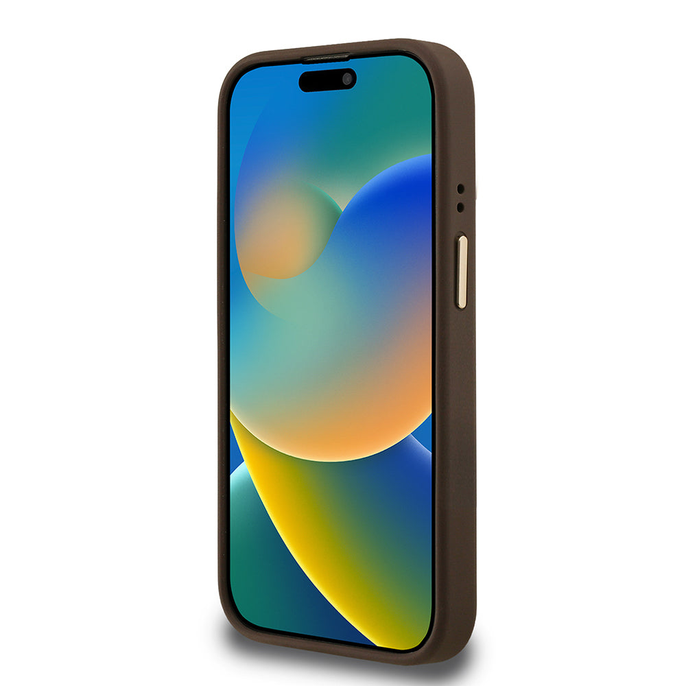 Guess iPhone 15 Pro Max Orjinal Lisanslı PU Deri Taşlı Üçgen Logo 4G Desenli Kamera Standlı Magsafe Telefon Kılıfı