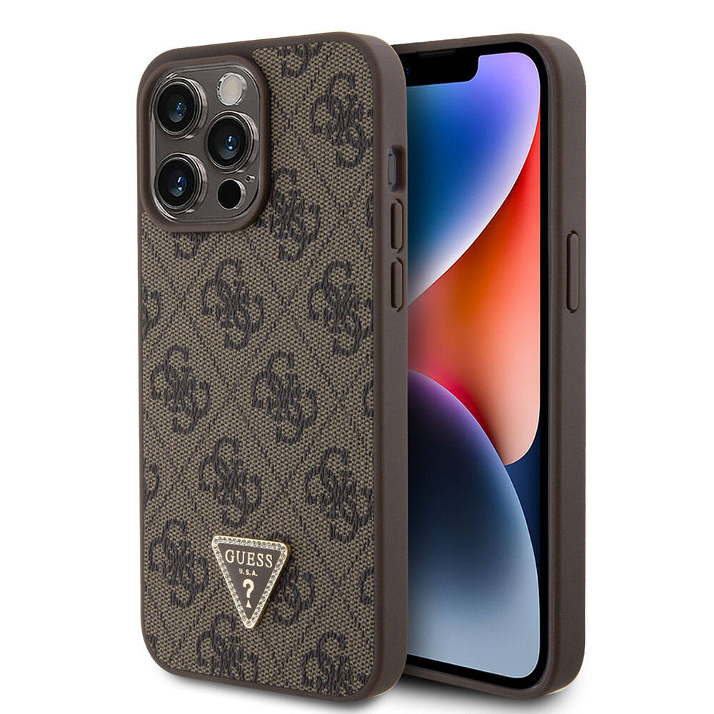 Guess iPhone 15 Pro Max Orjinal Lisanslı PU Deri Taşlı Üçgen Logo 4G Desenli Strass Telefon Kılıfı - 8