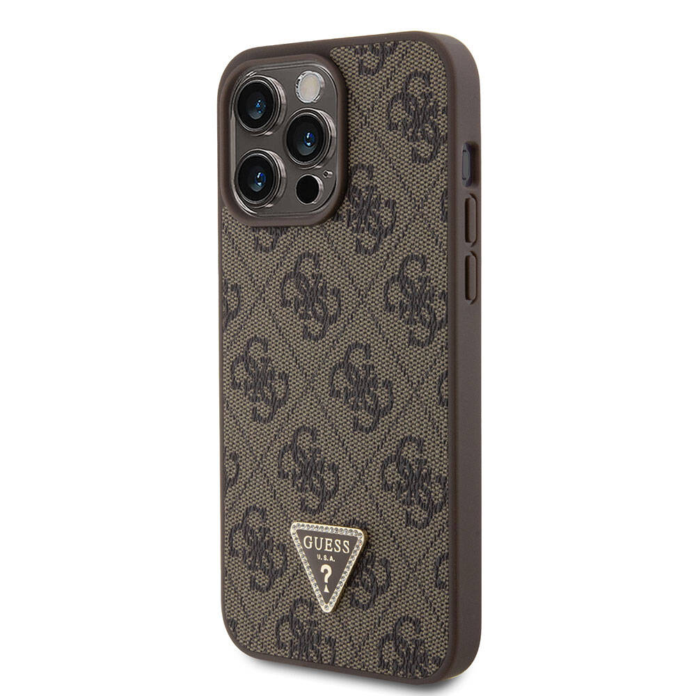 Guess iPhone 15 Pro Max Orjinal Lisanslı PU Deri Taşlı Üçgen Logo 4G Desenli Strass Telefon Kılıfı - 9