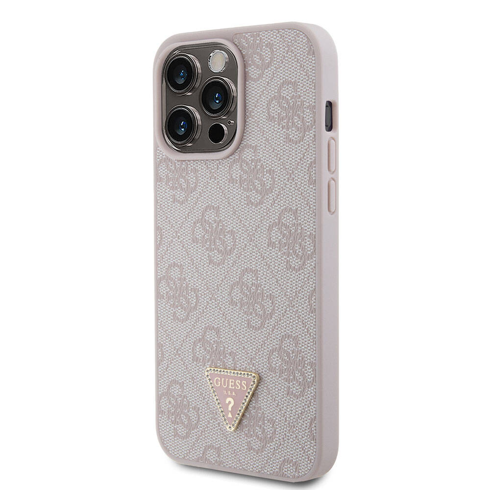 Guess iPhone 15 Pro Max Orjinal Lisanslı PU Deri Taşlı Üçgen Logo 4G Desenli Strass Telefon Kılıfı - 16