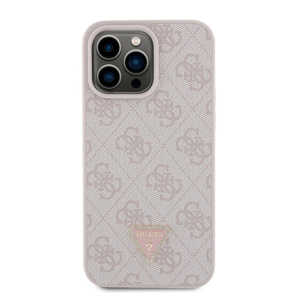 Guess iPhone 15 Pro Max Orjinal Lisanslı PU Deri Taşlı Üçgen Logo 4G Desenli Strass Telefon Kılıfı - 17