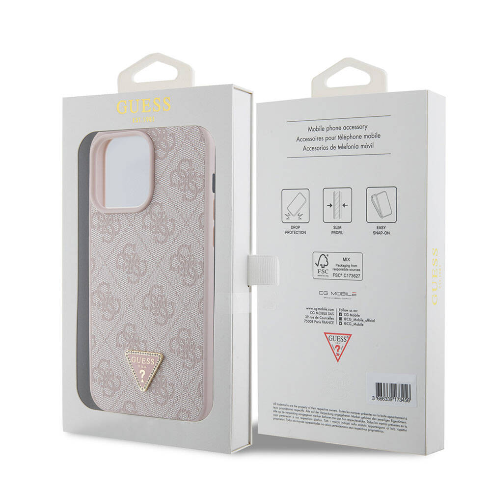 Guess iPhone 15 Pro Max Orjinal Lisanslı PU Deri Taşlı Üçgen Logo 4G Desenli Strass Telefon Kılıfı - 21