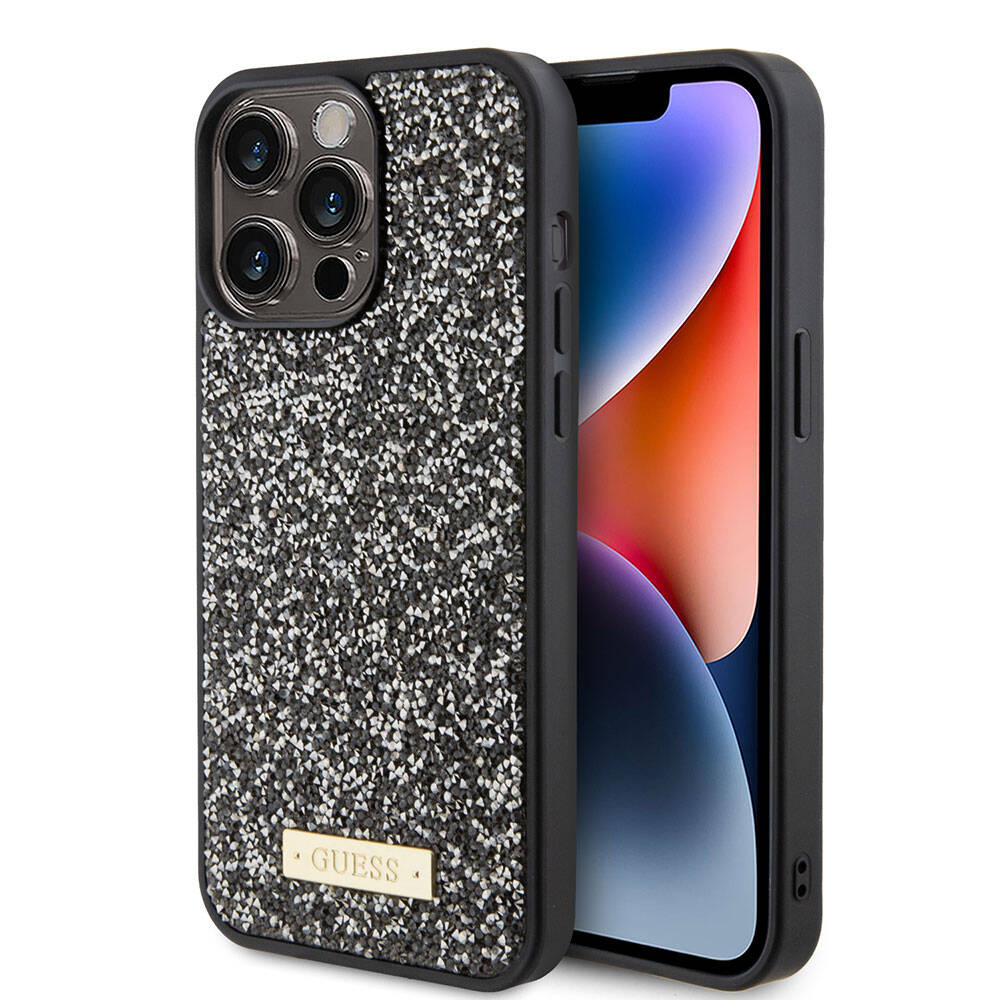 Guess iPhone 15 Pro Max Orjinal Lisanslı Taşlı Arka Yüzey Metal Yazı Logolu Telefon Kılıfı - 8