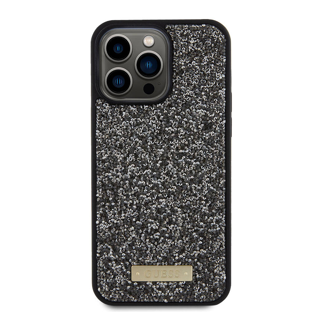 Guess iPhone 15 Pro Max Orjinal Lisanslı Taşlı Arka Yüzey Metal Yazı Logolu Telefon Kılıfı - 10