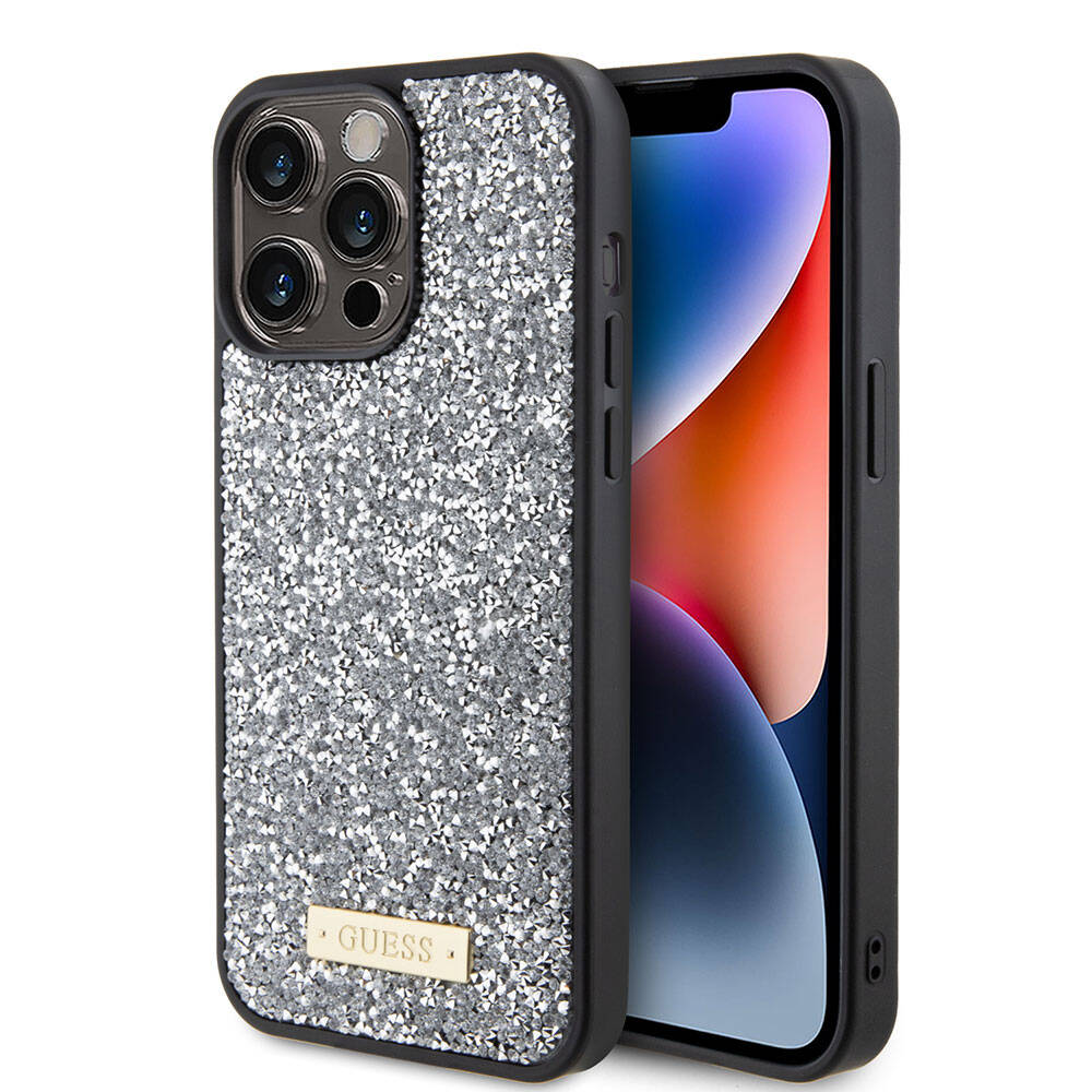 Guess iPhone 15 Pro Max Orjinal Lisanslı Taşlı Arka Yüzey Metal Yazı Logolu Telefon Kılıfı - 15