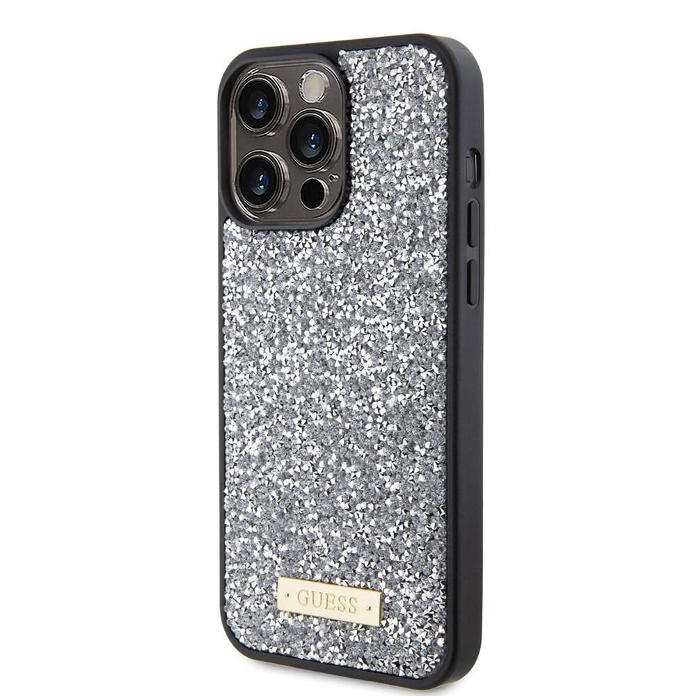 Guess iPhone 15 Pro Max Orjinal Lisanslı Taşlı Arka Yüzey Metal Yazı Logolu Telefon Kılıfı - 16