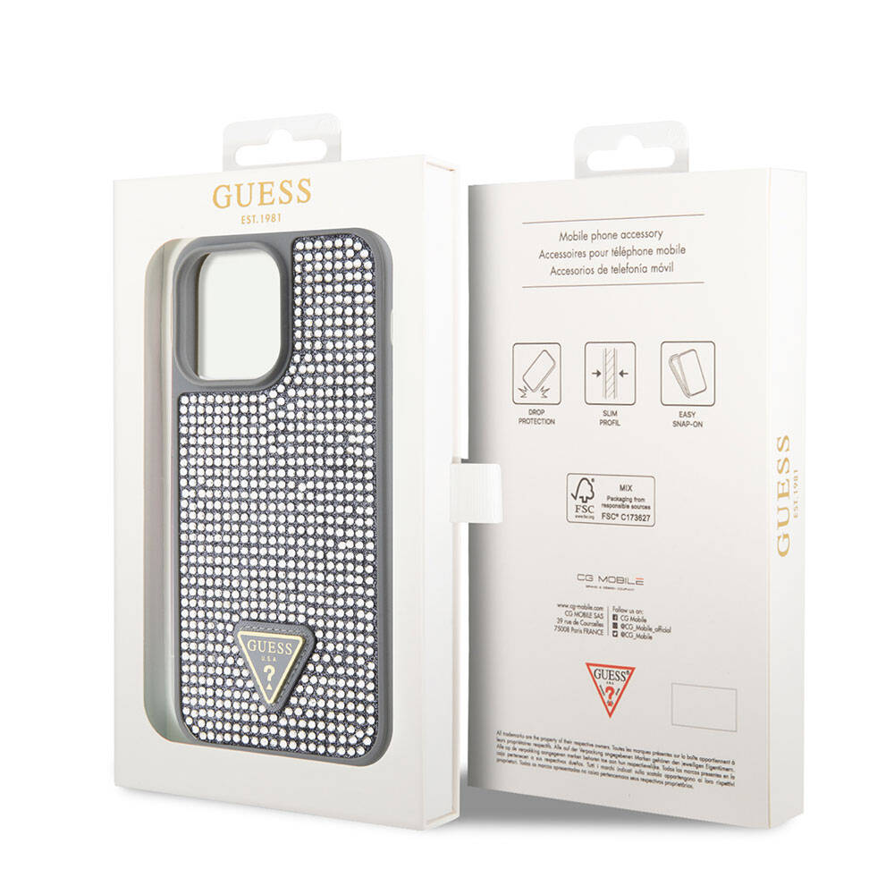 Guess iPhone 15 Pro Max Orjinal Lisanslı Taşlı Arka Yüzey Üçgen Logolu Telefon Kılıfı - 29