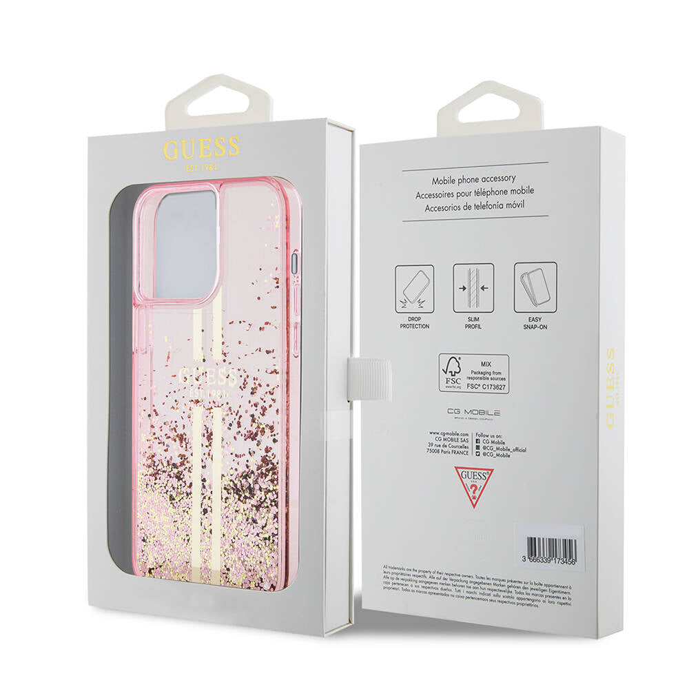 Guess iPhone 15 Pro Max Orjinal Lisanslı Transparan Sıvılı Simli Altın Çizgili Kılıf