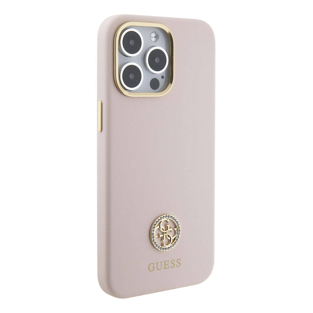 Guess iPhone 15 Pro Max Orjinal Lisanslı Yazı ve Taşlı 4G Logolu Metal Kamera Çerçeveli Silikon Telefon Kılıfı - 4
