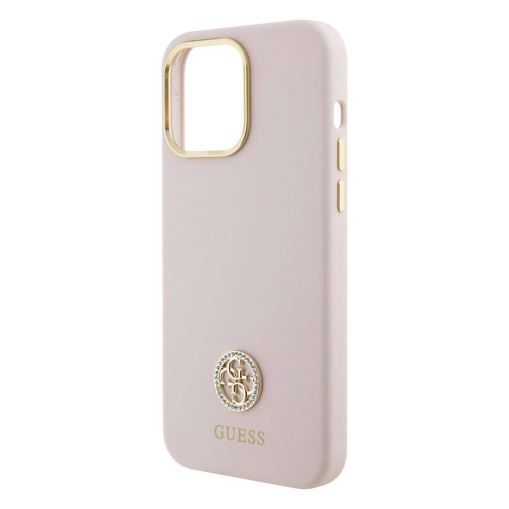 Guess iPhone 15 Pro Max Orjinal Lisanslı Yazı ve Taşlı 4G Logolu Metal Kamera Çerçeveli Silikon Telefon Kılıfı - 6