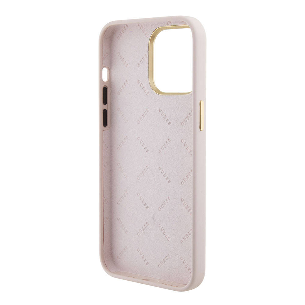 Guess iPhone 15 Pro Max Orjinal Lisanslı Yazı ve Taşlı 4G Logolu Metal Kamera Çerçeveli Silikon Telefon Kılıfı - 7