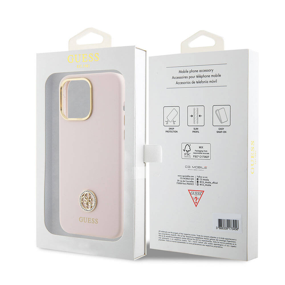 Guess iPhone 15 Pro Max Orjinal Lisanslı Yazı ve Taşlı 4G Logolu Metal Kamera Çerçeveli Silikon Telefon Kılıfı - 8