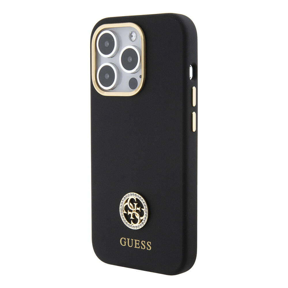Guess iPhone 15 Pro Max Orjinal Lisanslı Yazı ve Taşlı 4G Logolu Metal Kamera Çerçeveli Silikon Telefon Kılıfı - 10