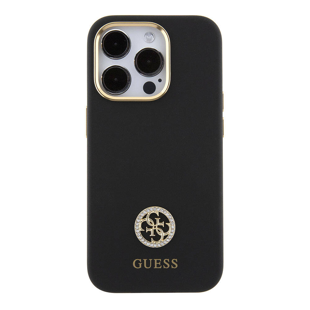 Guess iPhone 15 Pro Max Orjinal Lisanslı Yazı ve Taşlı 4G Logolu Metal Kamera Çerçeveli Silikon Telefon Kılıfı - 11