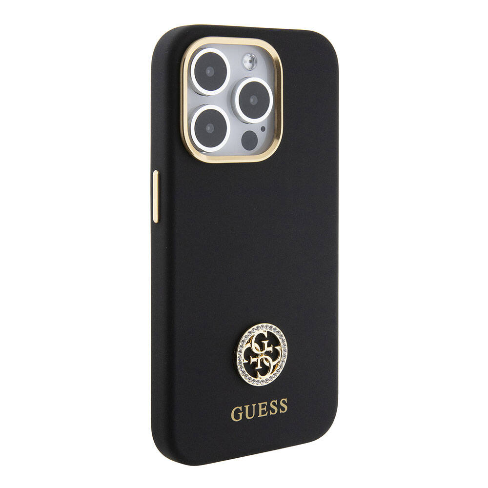 Guess iPhone 15 Pro Max Orjinal Lisanslı Yazı ve Taşlı 4G Logolu Metal Kamera Çerçeveli Silikon Telefon Kılıfı - 12