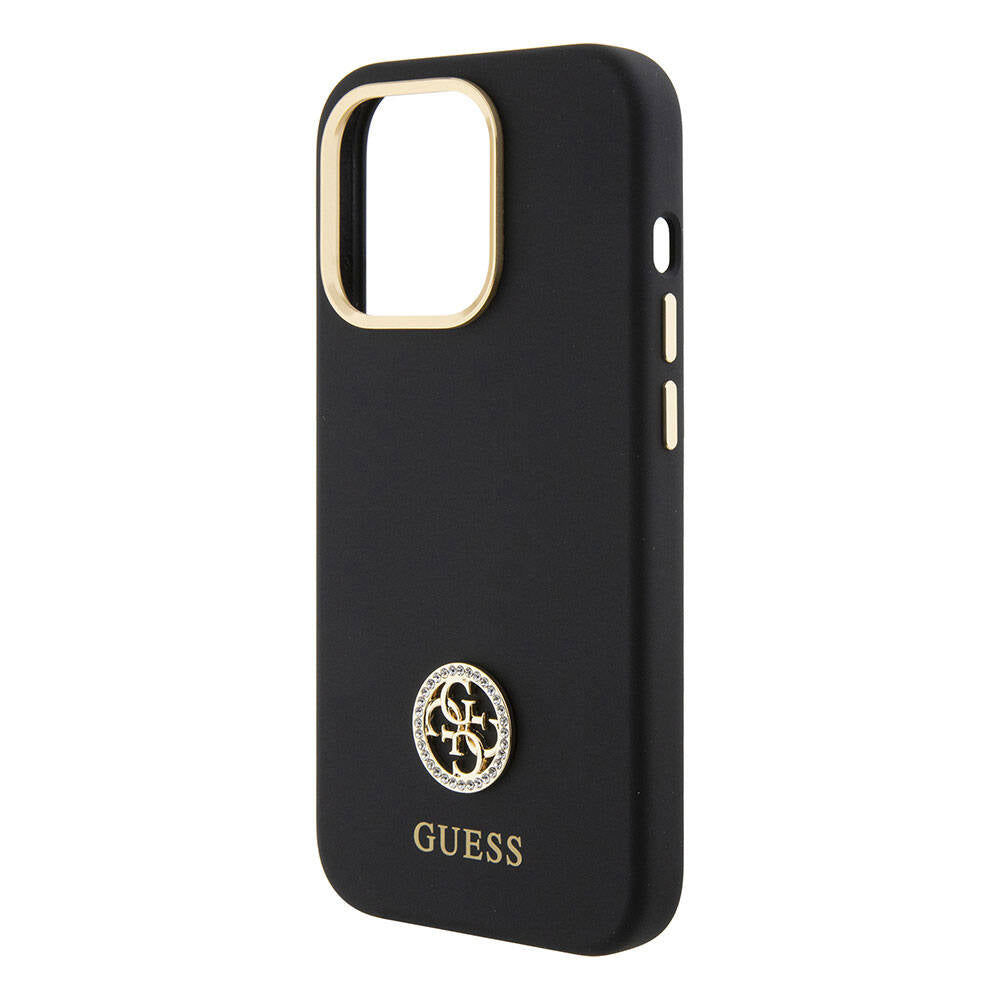 Guess iPhone 15 Pro Max Orjinal Lisanslı Yazı ve Taşlı 4G Logolu Metal Kamera Çerçeveli Silikon Telefon Kılıfı - 14
