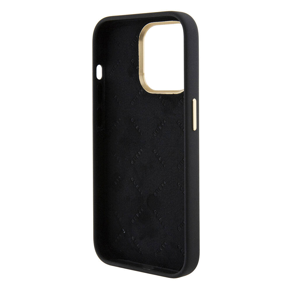 Guess iPhone 15 Pro Max Orjinal Lisanslı Yazı ve Taşlı 4G Logolu Metal Kamera Çerçeveli Silikon Telefon Kılıfı - 15