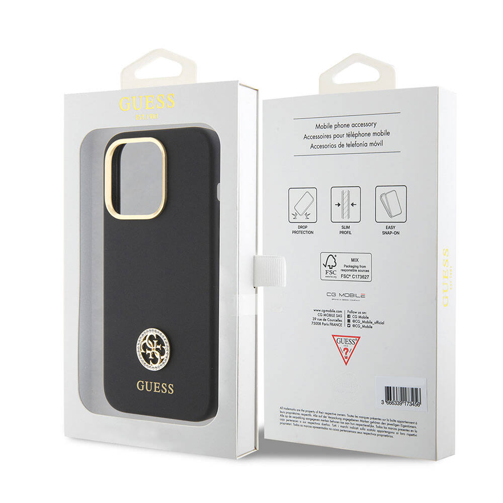 Guess iPhone 15 Pro Max Orjinal Lisanslı Yazı ve Taşlı 4G Logolu Metal Kamera Çerçeveli Silikon Telefon Kılıfı - 16