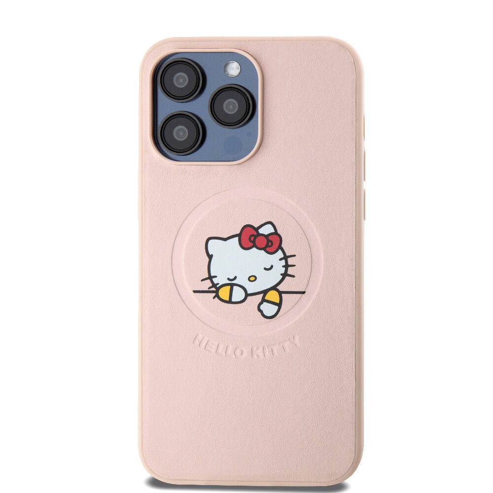 Hello Kitty iPhone 15 Pro Max Orjinal Lisanslı M-safe Şarj Özellikli Baskı Logolu Uyuyan Kitty Deri Kılıf