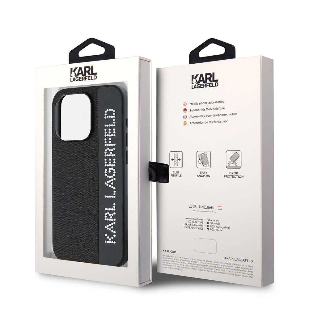 Karl Lagerfeld iPhone 15 Pro Max Orjinal Lisanslı Anahtarlıklı Taşlı KL Yazılı Saffiano Rhinestones Telefon Kılıfı - 2