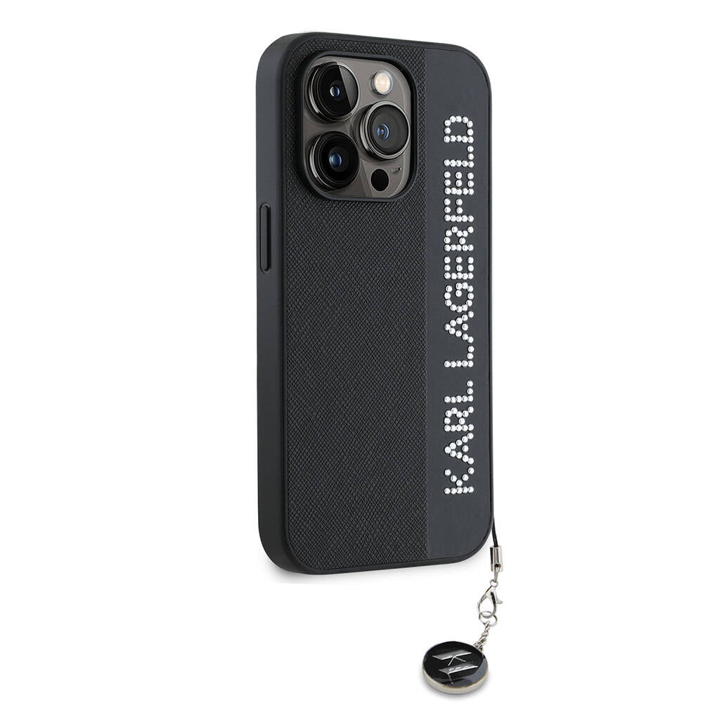Karl Lagerfeld iPhone 15 Pro Max Orjinal Lisanslı Anahtarlıklı Taşlı KL Yazılı Saffiano Rhinestones Telefon Kılıfı - 3