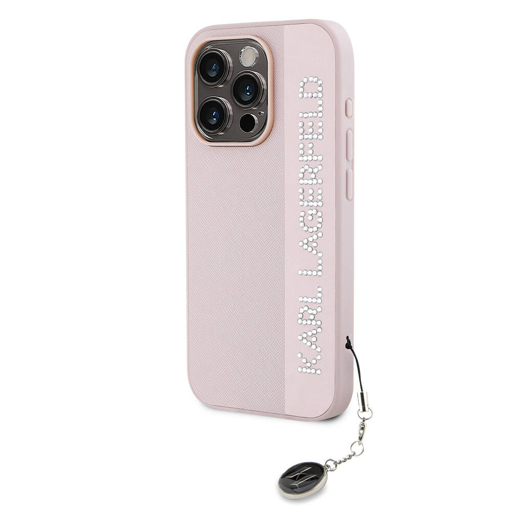 Karl Lagerfeld iPhone 15 Pro Max Orjinal Lisanslı Anahtarlıklı Taşlı KL Yazılı Saffiano Rhinestones Telefon Kılıfı - 5