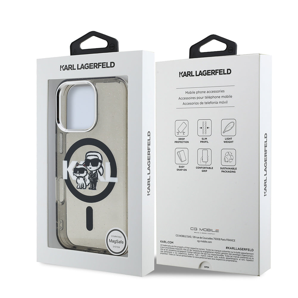 Karl Lagerfeld iPhone 15 Pro Max Orjinal Lisanslı Parlayan Simli Karl & Choupette Sketch Logo Kılıf