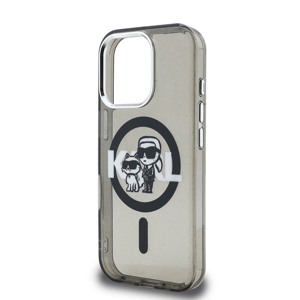 Karl Lagerfeld iPhone 15 Pro Max Orjinal Lisanslı Parlayan Simli Karl & Choupette Sketch Logo Kılıf