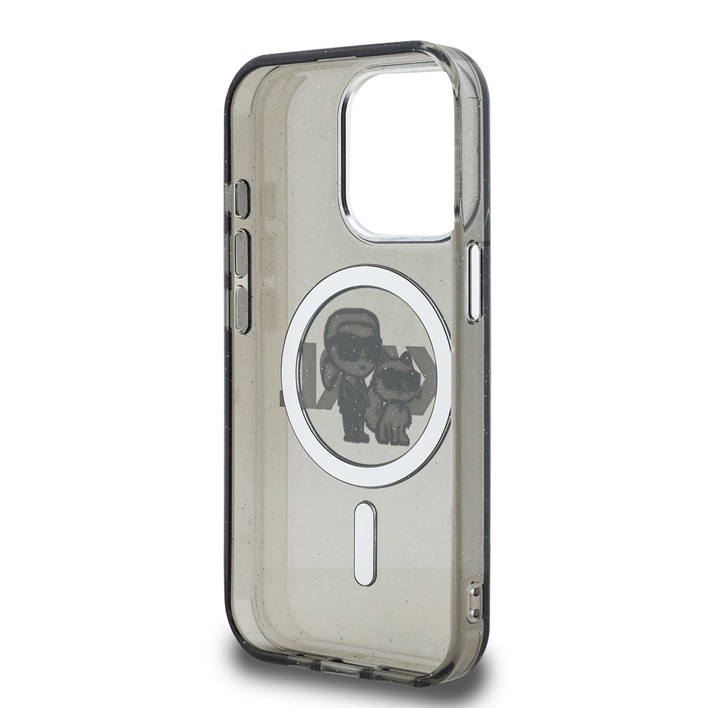 Karl Lagerfeld iPhone 15 Pro Max Orjinal Lisanslı Parlayan Simli Karl & Choupette Sketch Logo Kılıf