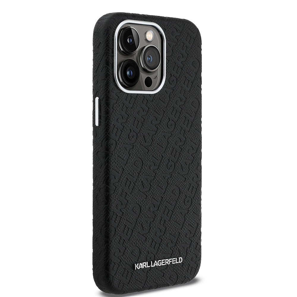 Karl Lagerfeld iPhone 15 Pro Max Orjinal Lisanslı PU Deri Damgalı Metal Yazı Logolu Kılıf