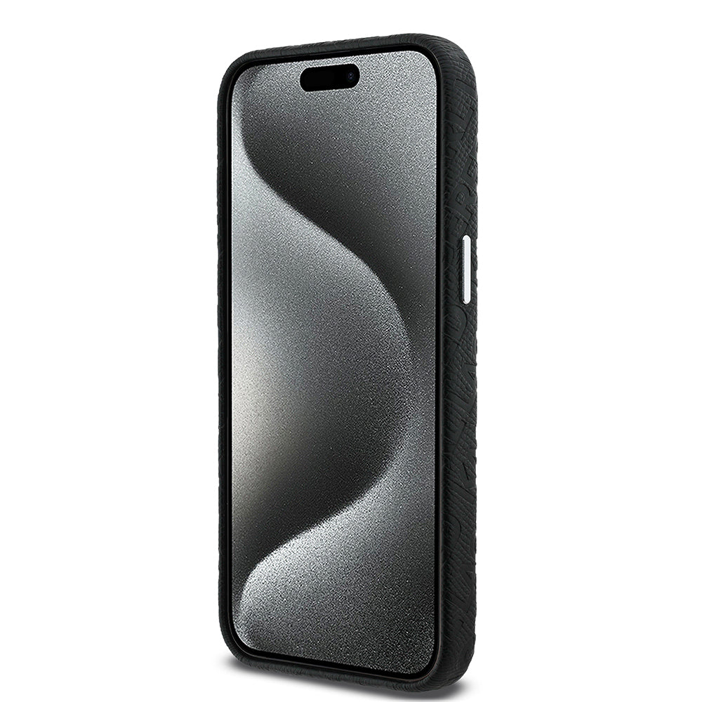 Karl Lagerfeld iPhone 15 Pro Max Orjinal Lisanslı PU Deri Damgalı Metal Yazı Logolu Kılıf
