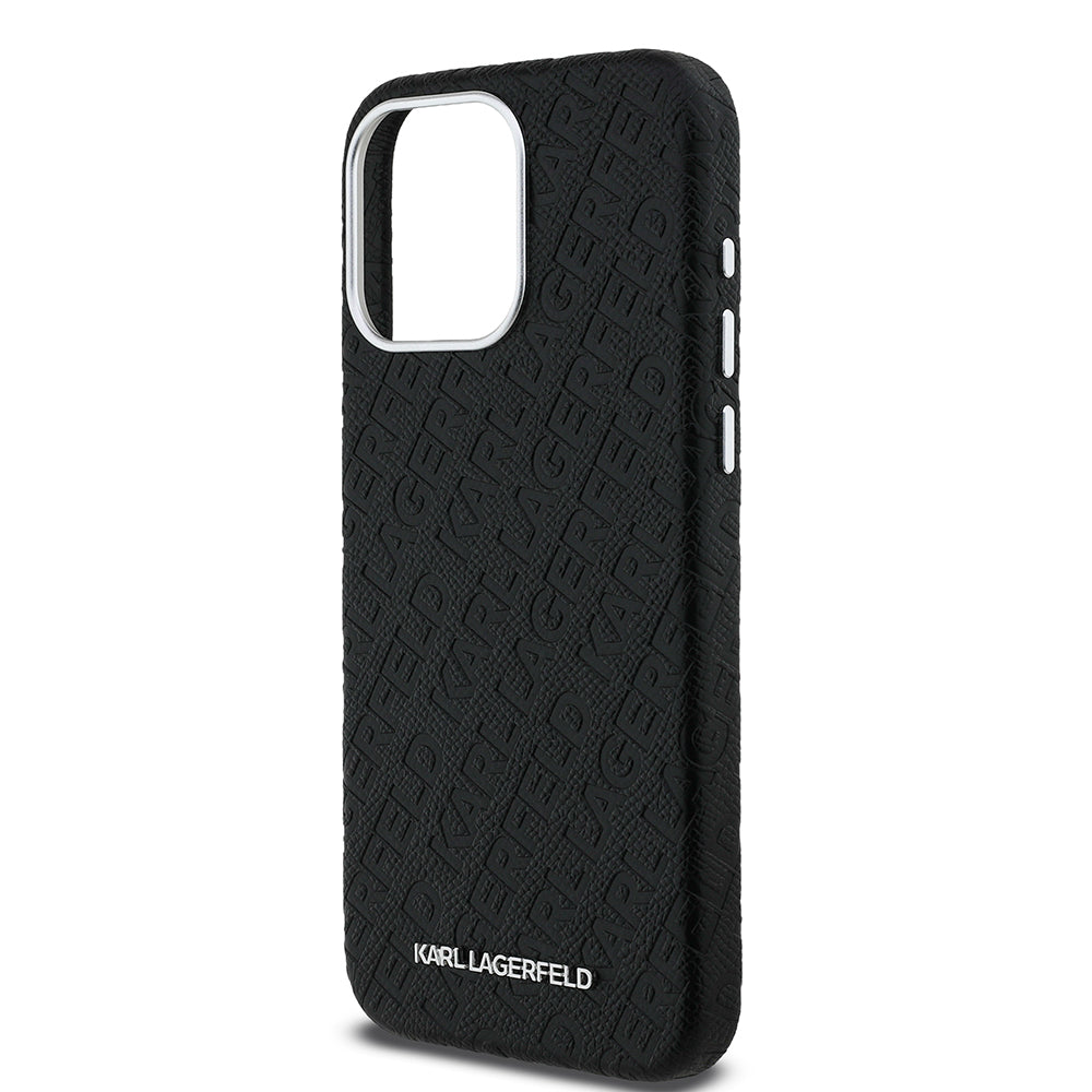 Karl Lagerfeld iPhone 15 Pro Max Orjinal Lisanslı PU Deri Damgalı Metal Yazı Logolu Kılıf