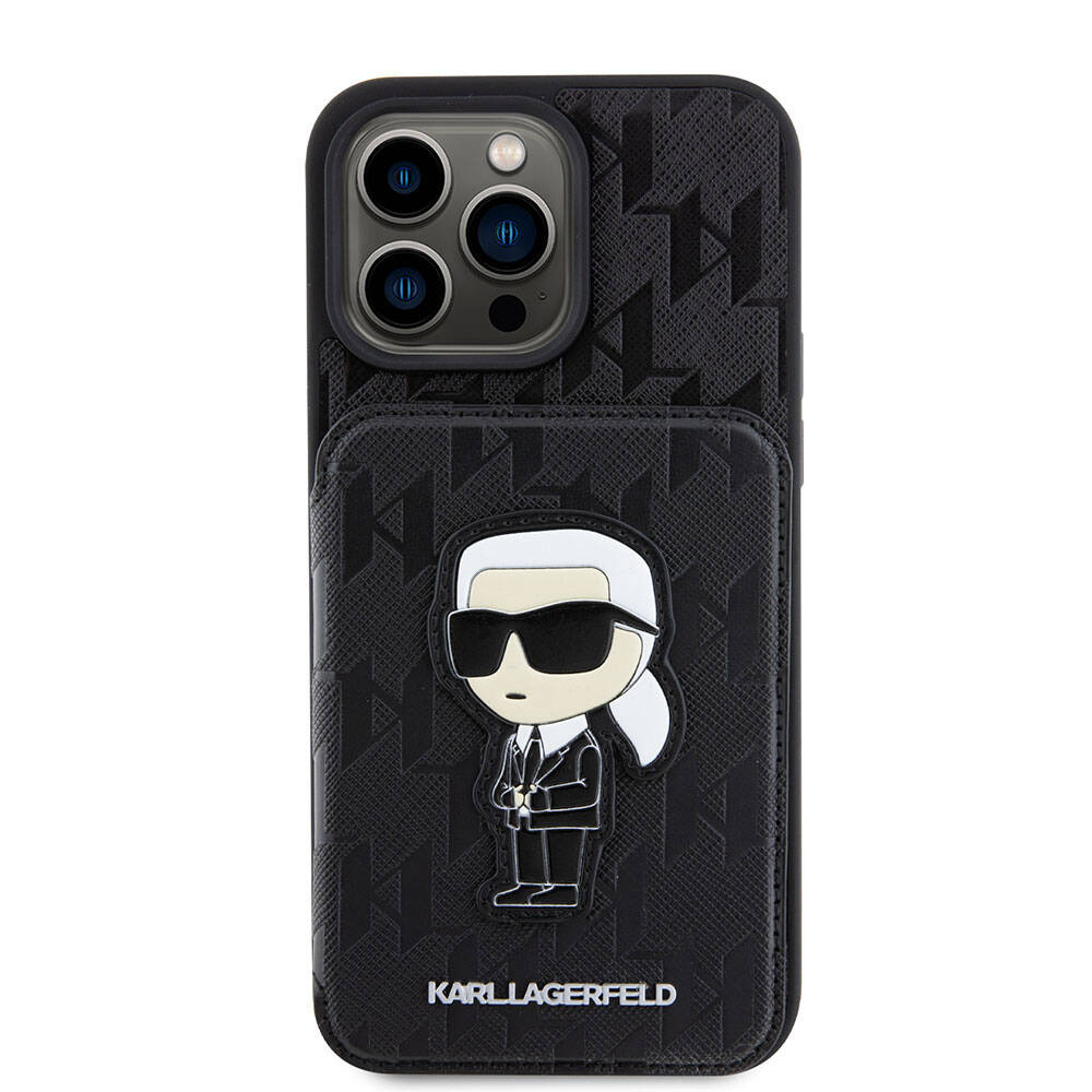 Karl Lagerfeld iPhone 15 Pro Max Standlı Kartlıklı Saffiano Monogram İkonik Metal Logo Orjinal Lisanslı Telefon Kılıfı - 3