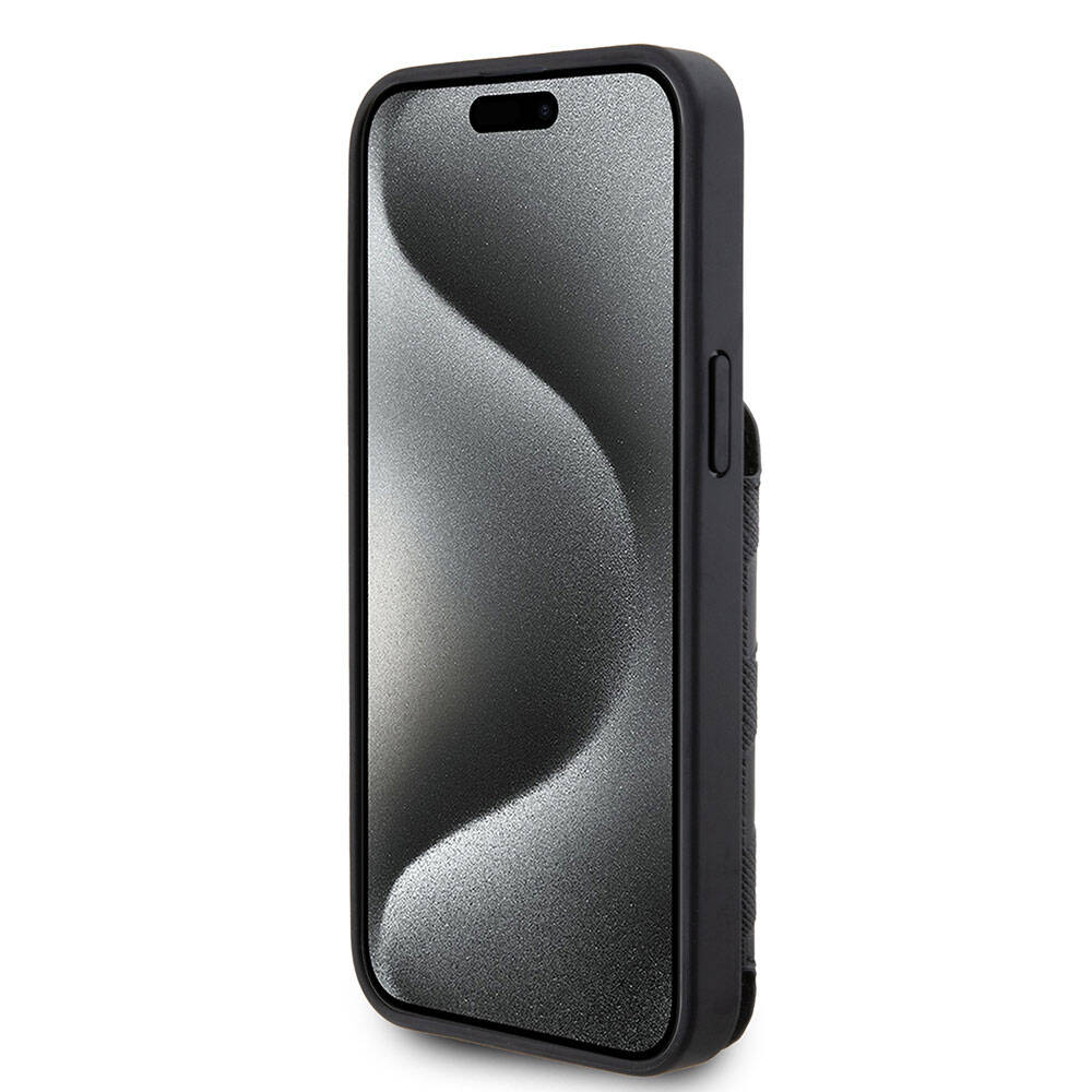 Karl Lagerfeld iPhone 15 Pro Max Standlı Kartlıklı Saffiano Monogram İkonik Metal Logo Orjinal Lisanslı Telefon Kılıfı - 4