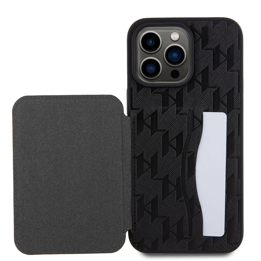 Karl Lagerfeld iPhone 15 Pro Max Standlı Kartlıklı Saffiano Monogram İkonik Metal Logo Orjinal Lisanslı Telefon Kılıfı - 7
