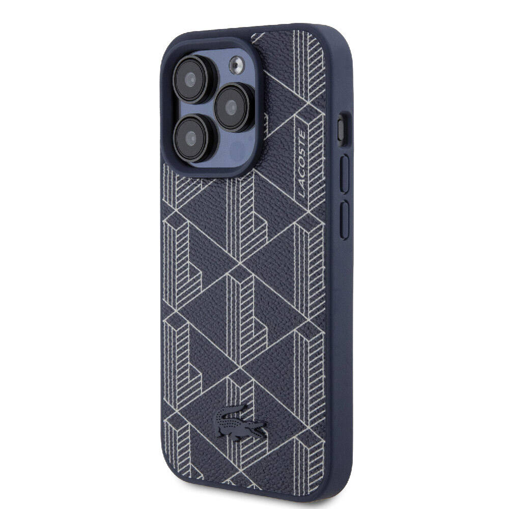 Lacoste iPhone 15 Pro Max Orjinal Lisanslı Magsafe Şarj Özellikli PU Deri Görünümlü Karışık Monogram Desenli Telefon Kılıfı - 4