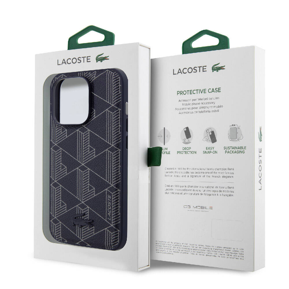 Lacoste iPhone 15 Pro Max Orjinal Lisanslı Magsafe Şarj Özellikli PU Deri Görünümlü Karışık Monogram Desenli Telefon Kılıfı - 5