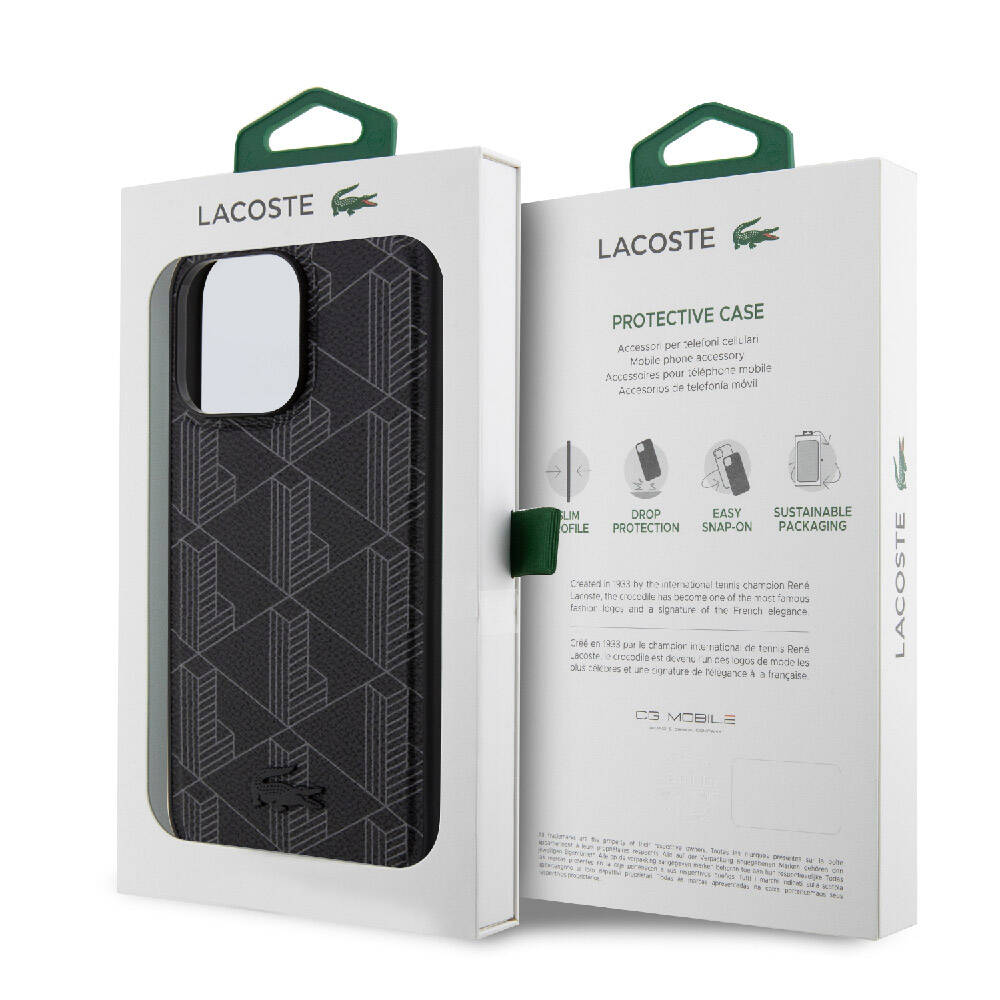 Lacoste iPhone 15 Pro Max Orjinal Lisanslı Magsafe Şarj Özellikli PU Deri Görünümlü Karışık Monogram Desenli Telefon Kılıfı - 3