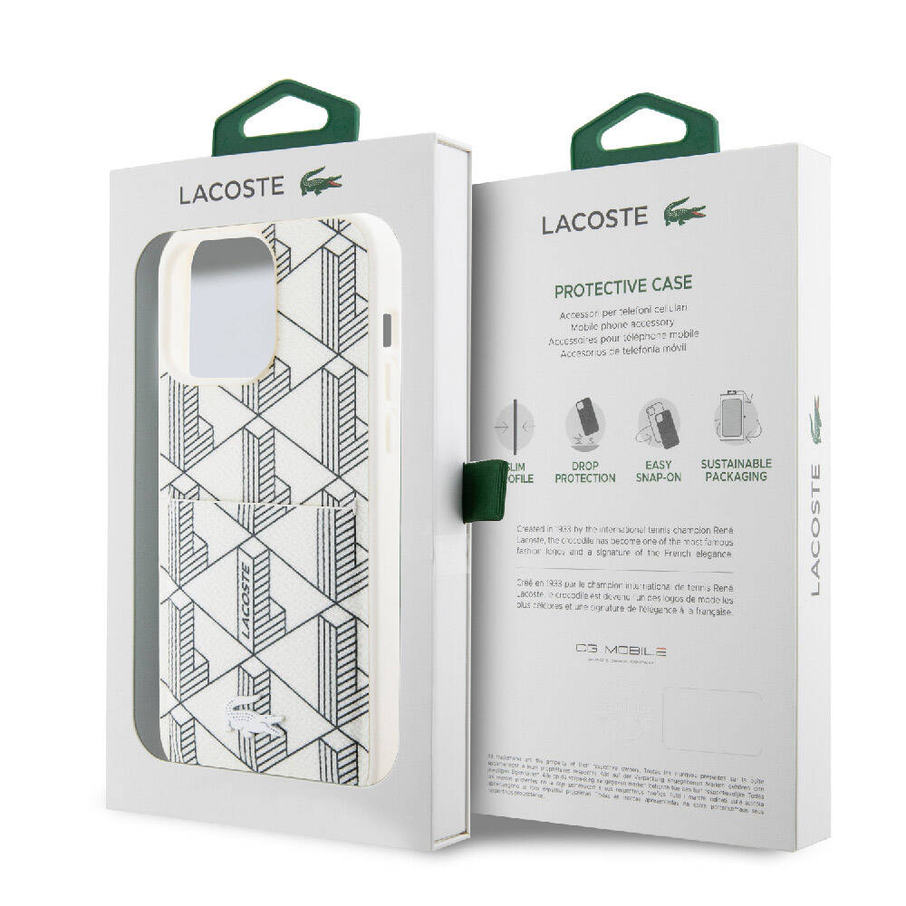 Lacoste iPhone 15 Pro Max Orjinal Lisanslı Magsafe Şarj Özellikli PU Deri Görünümlü Kartlıklı Karışık Monogram Desenli Telefon Kılıfı - 14