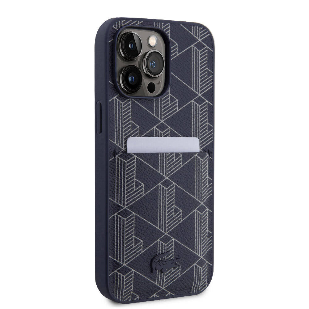 Lacoste iPhone 15 Pro Max Orjinal Lisanslı Magsafe Şarj Özellikli PU Deri Görünümlü Kartlıklı Karışık Monogram Desenli Telefon Kılıfı - 7