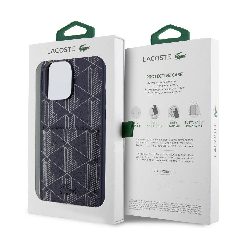 Lacoste iPhone 15 Pro Max Orjinal Lisanslı Magsafe Şarj Özellikli PU Deri Görünümlü Kartlıklı Karışık Monogram Desenli Telefon Kılıfı - 15