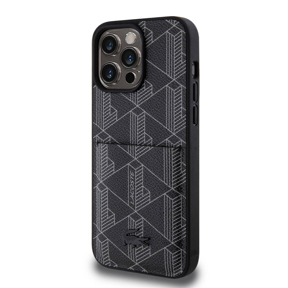 Lacoste iPhone 15 Pro Max Orjinal Lisanslı Magsafe Şarj Özellikli PU Deri Görünümlü Kartlıklı Karışık Monogram Desenli Telefon Kılıfı - 16