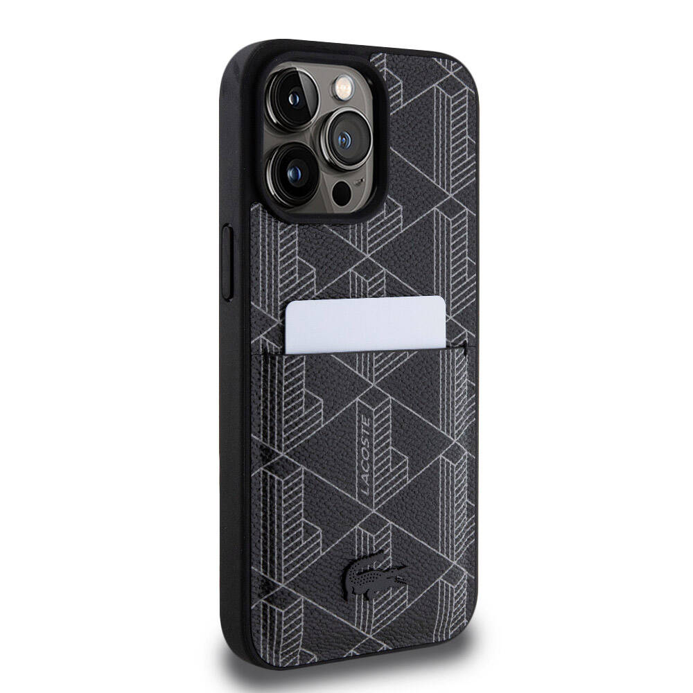 Lacoste iPhone 15 Pro Max Orjinal Lisanslı Magsafe Şarj Özellikli PU Deri Görünümlü Kartlıklı Karışık Monogram Desenli Telefon Kılıfı - 18