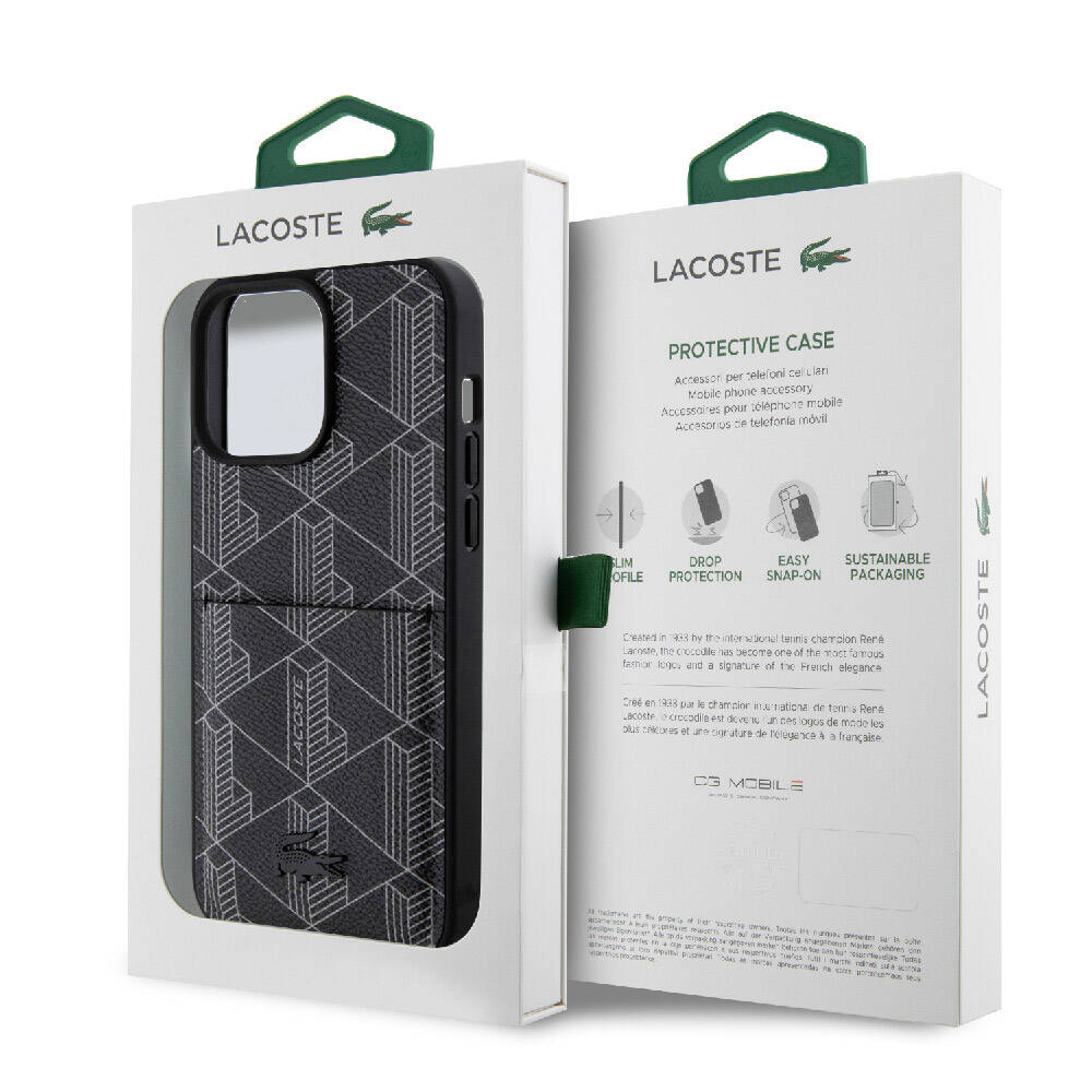 Lacoste iPhone 15 Pro Max Orjinal Lisanslı Magsafe Şarj Özellikli PU Deri Görünümlü Kartlıklı Karışık Monogram Desenli Telefon Kılıfı - 22