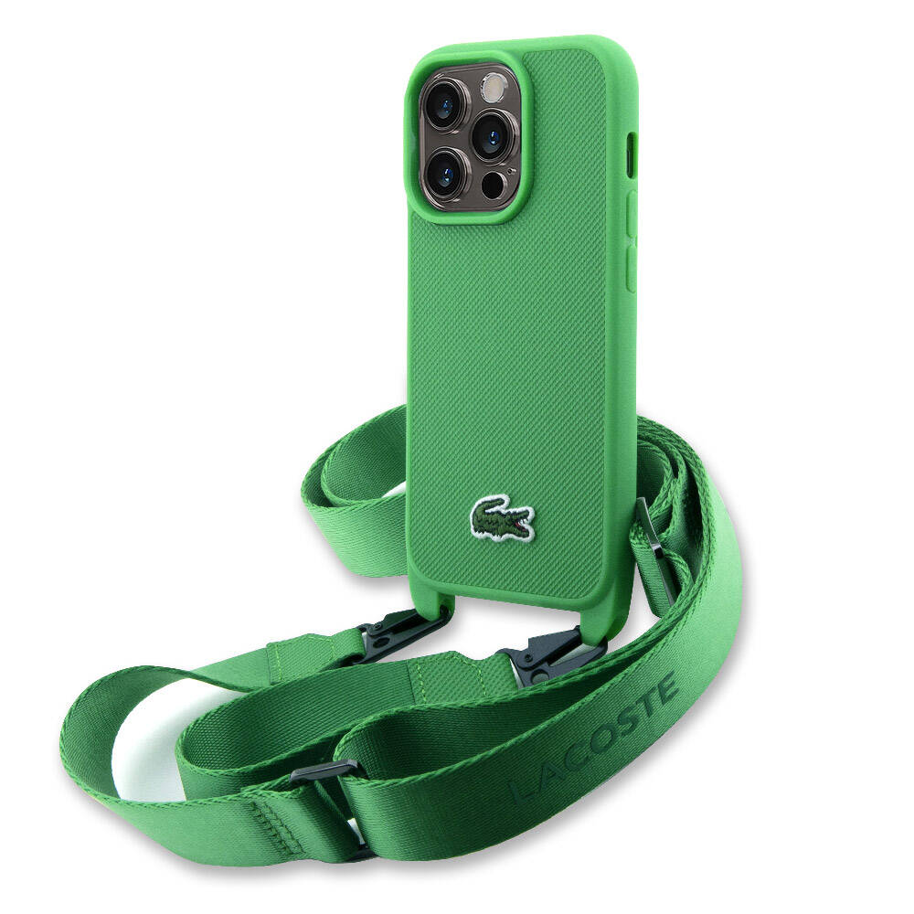 Lacoste iPhone 15 Pro Max Orjinal Lisanslı PU Pike Desenli Arka Yüzey Askılı İkonik Timsah Dokuma Logolu Telefon Kılıfı - 2