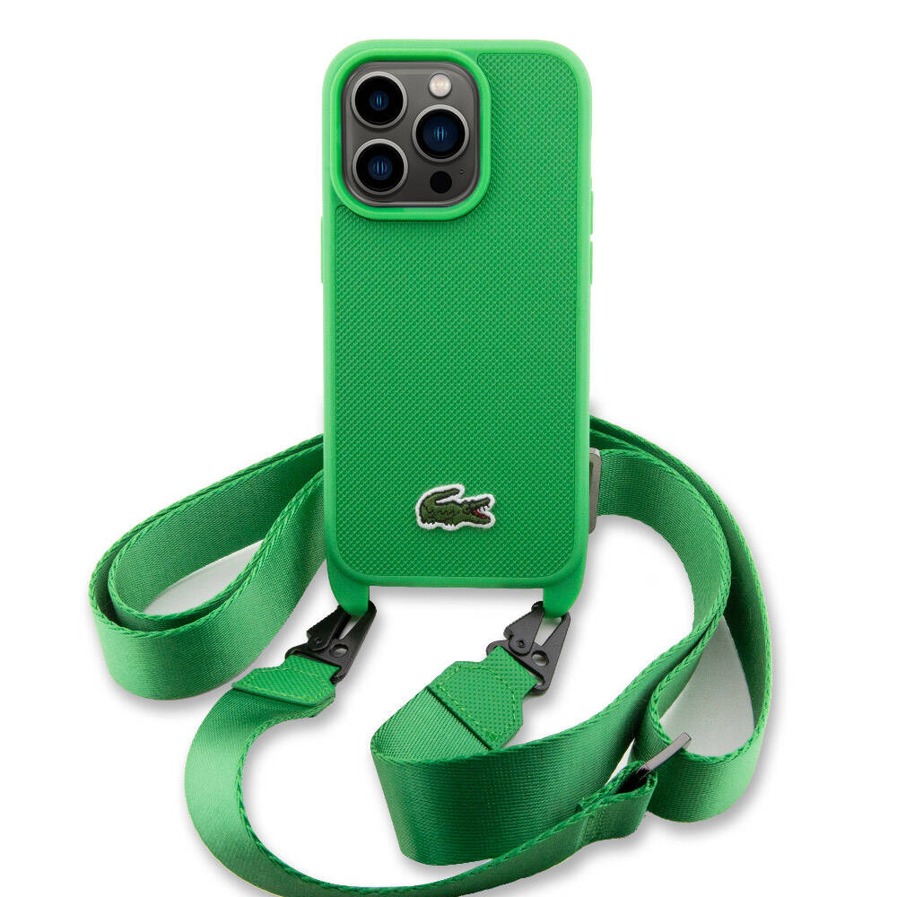 Lacoste iPhone 15 Pro Max Orjinal Lisanslı PU Pike Desenli Arka Yüzey Askılı İkonik Timsah Dokuma Logolu Telefon Kılıfı - 3