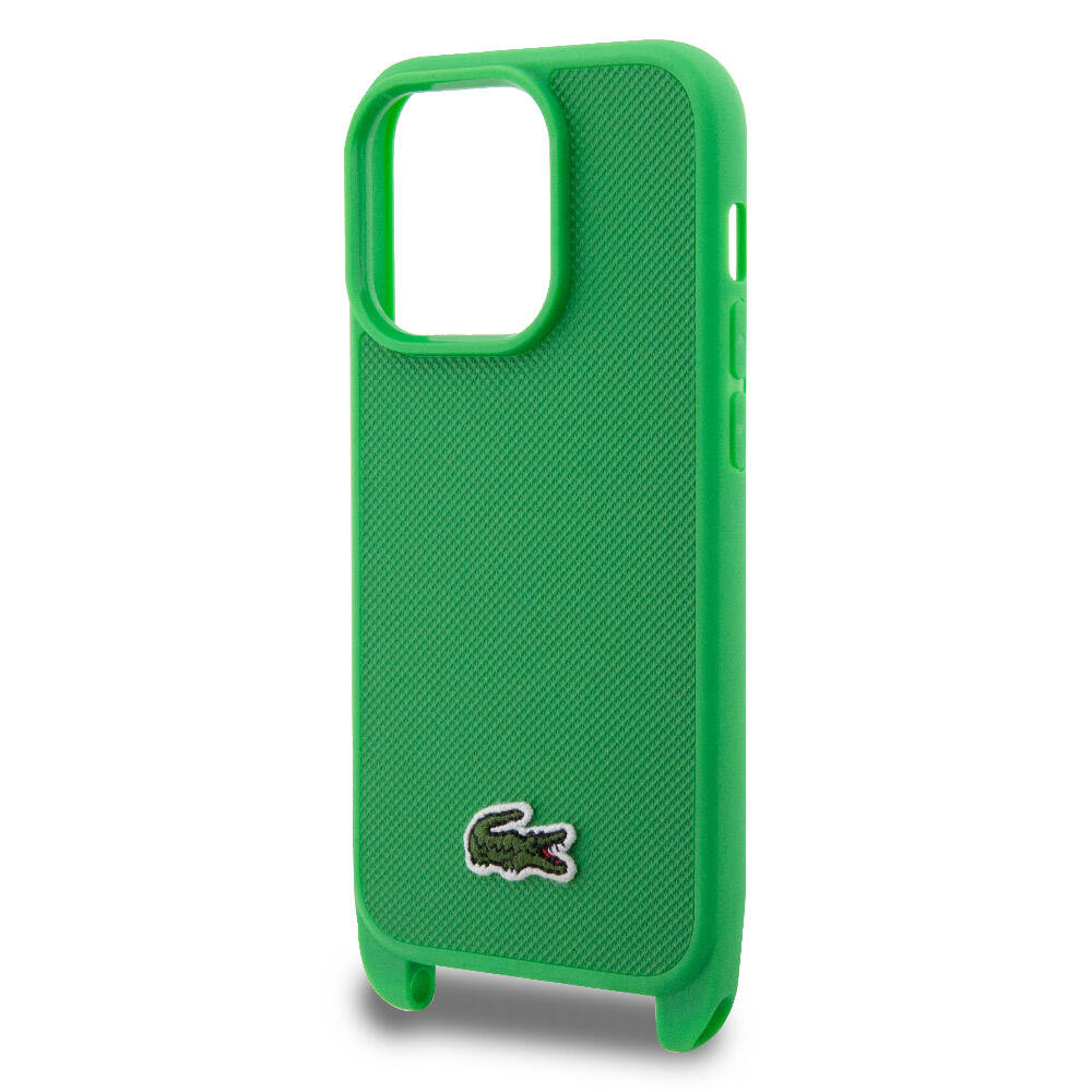 Lacoste iPhone 15 Pro Max Orjinal Lisanslı PU Pike Desenli Arka Yüzey Askılı İkonik Timsah Dokuma Logolu Telefon Kılıfı - 4
